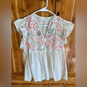 Entro Cream Blouse with Pink and Green Embroidery
